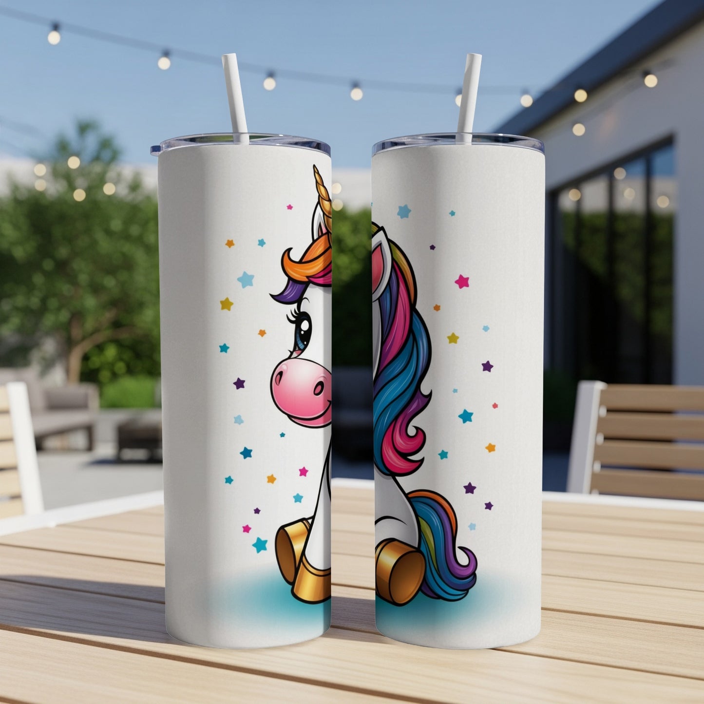 Two tumblers featuring a cartoon unicorn and colorful stars.