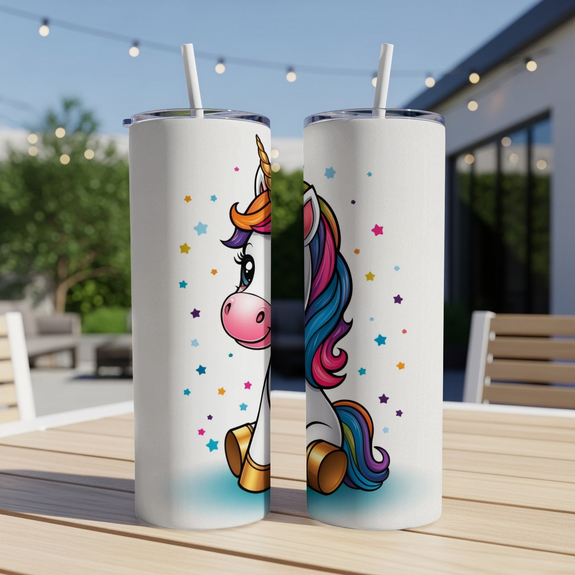 Two tumblers featuring a cartoon unicorn and colorful stars.