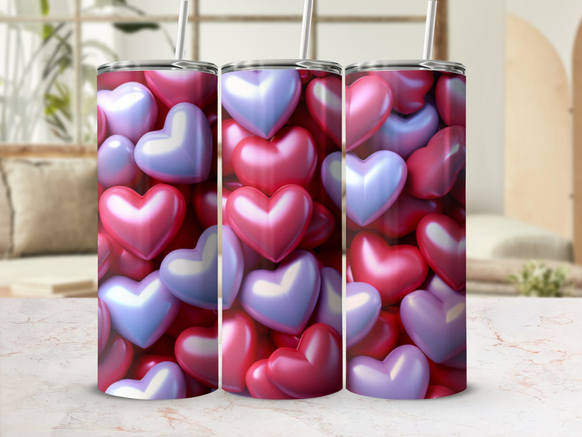 Three tumblers covered in a repeating pattern of pink and purple heart shapes.