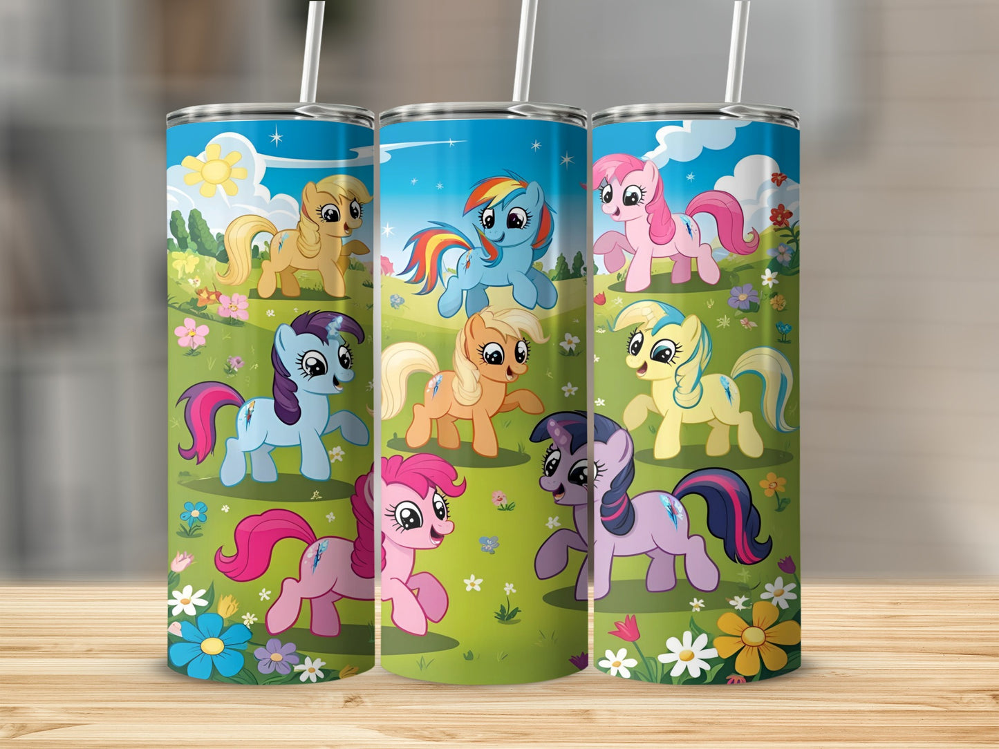 My Little Pony characters in a field with flowers and trees.
