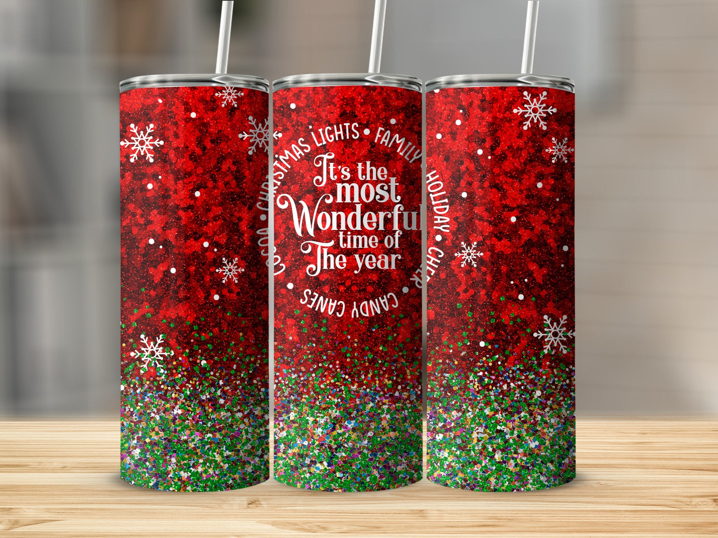 Red glitter tumbler with "Christmas Lights Family Holiday Cheer Candy Canes" text.