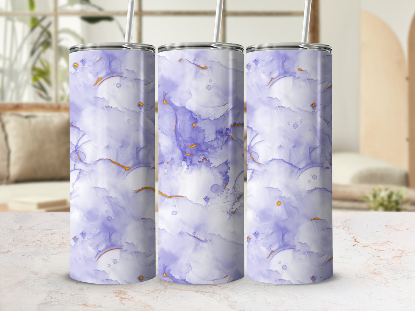 Three tumblers with abstract purple and gold marbled design.