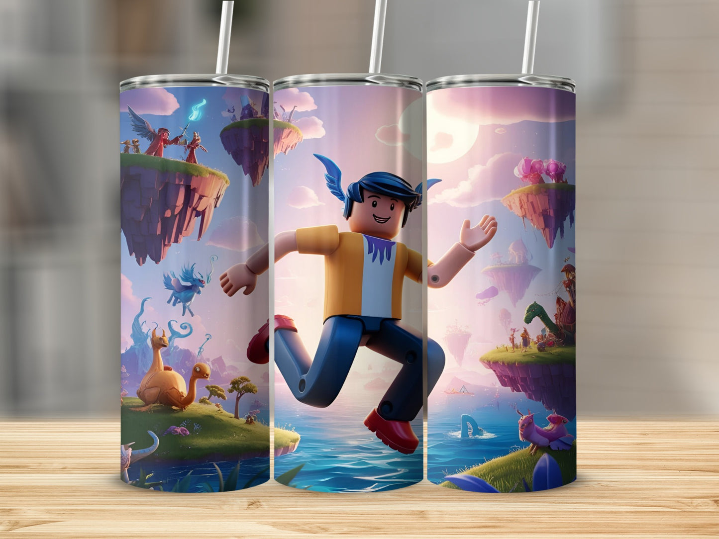 Roblox character with wings running on water with floating islands and creatures.