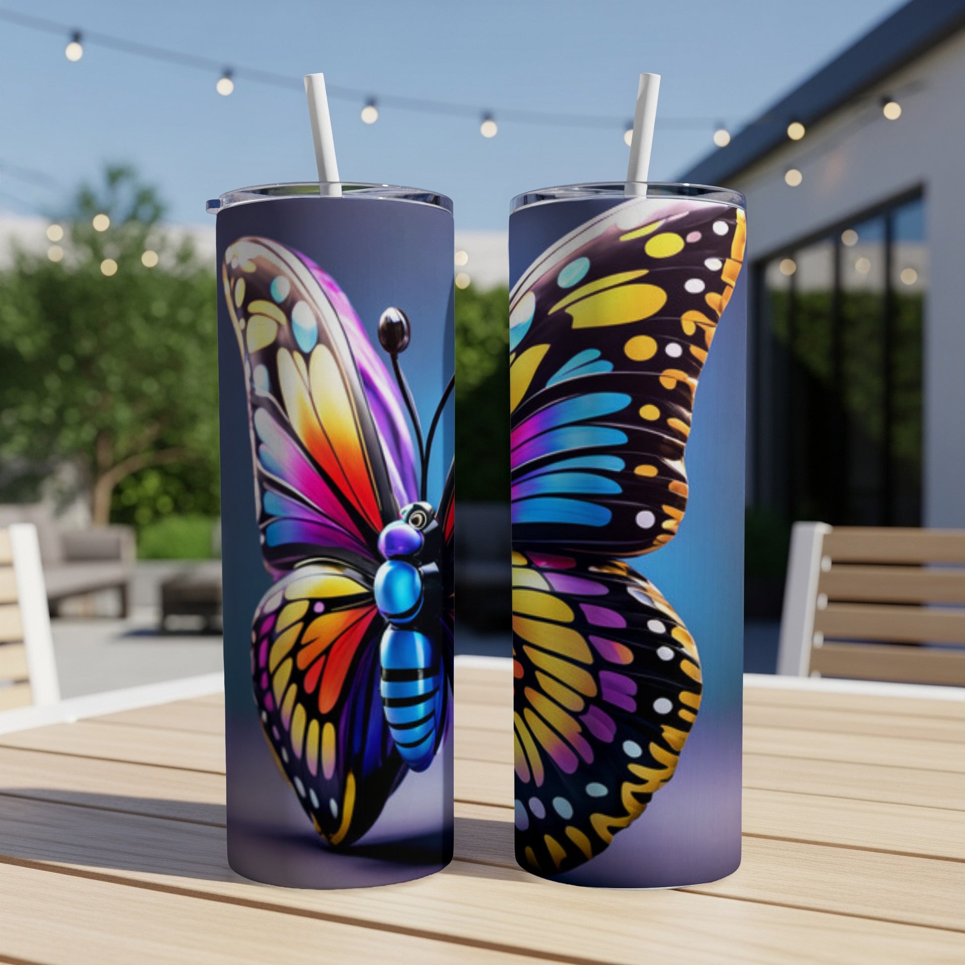 Two tall tumblers with colorful butterfly wings design.
