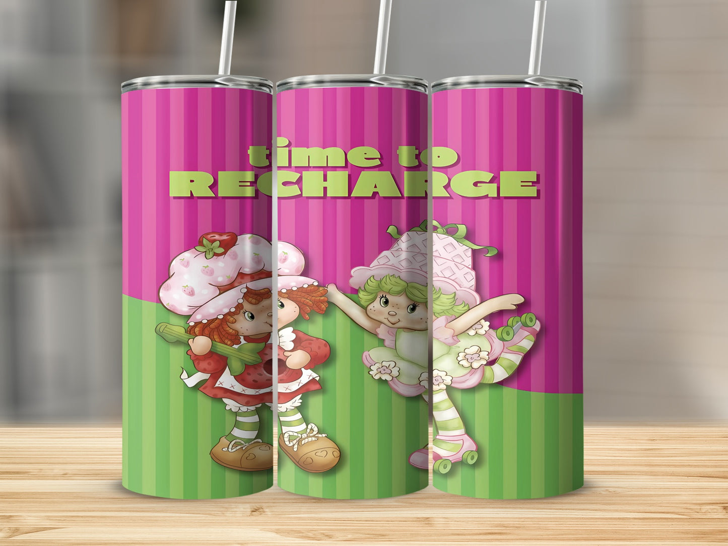 Strawberry Shortcake and friend on roller skates, "Time to Recharge" text.