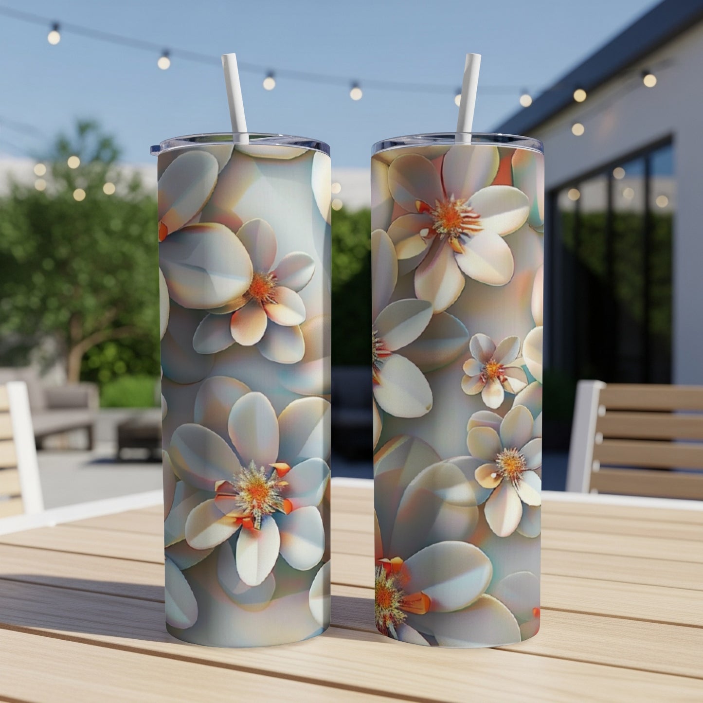 Two white tumblers with a floral pattern sit on a table outdoors.