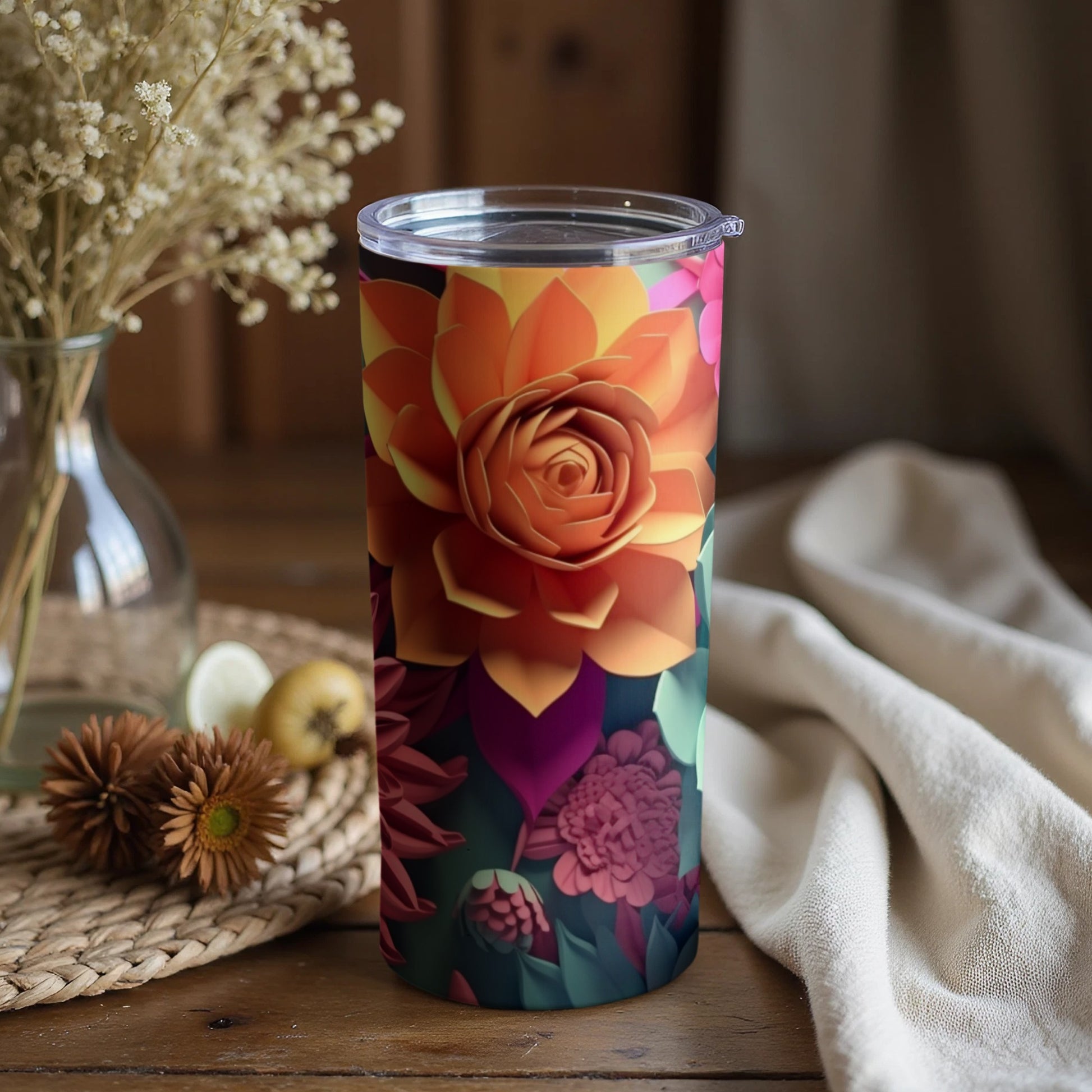 Colorful Floral Design Insulated Tumbler for Beverages