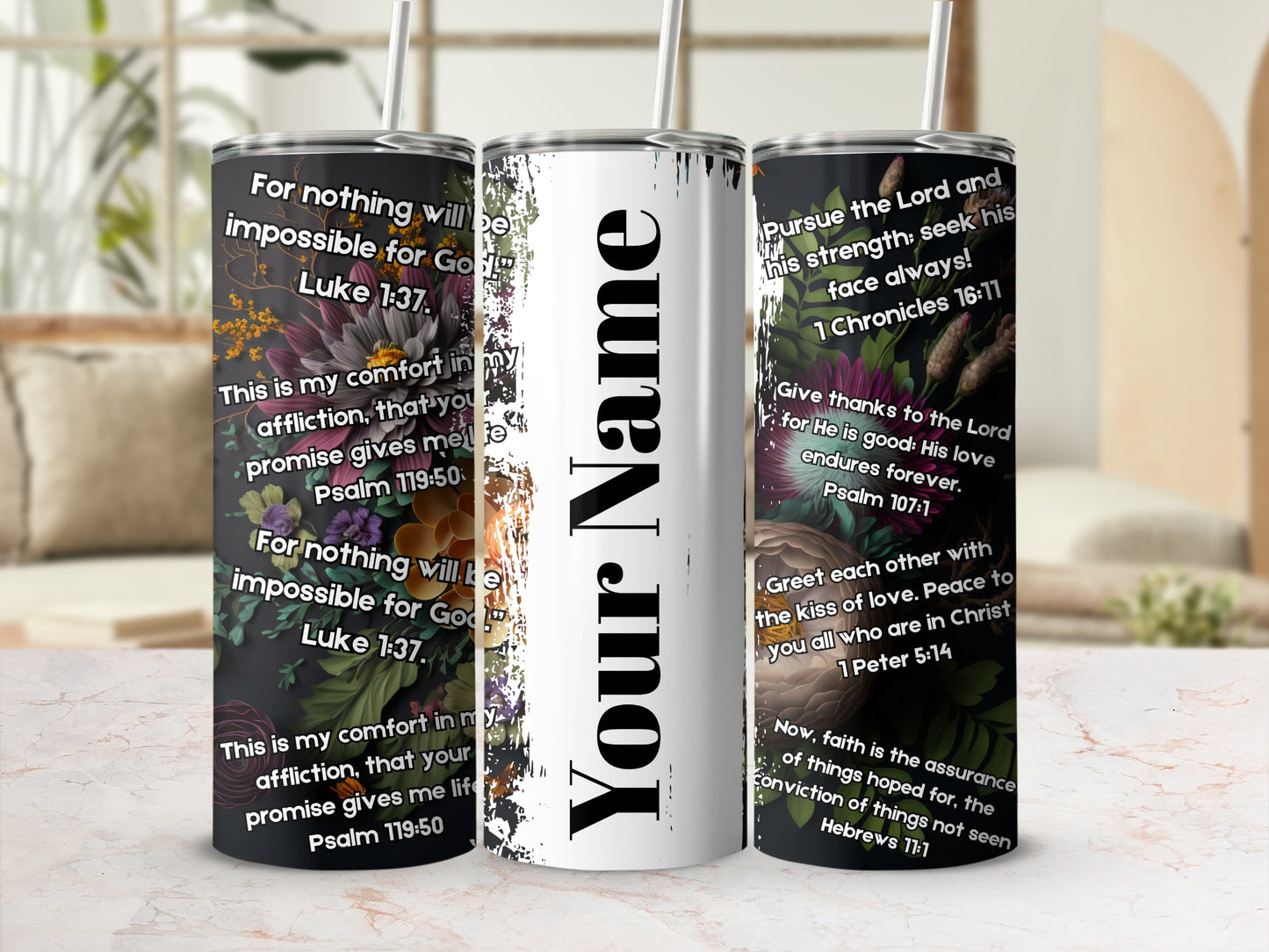 Inspirational Bible Verse Floral Personalized Tumbler