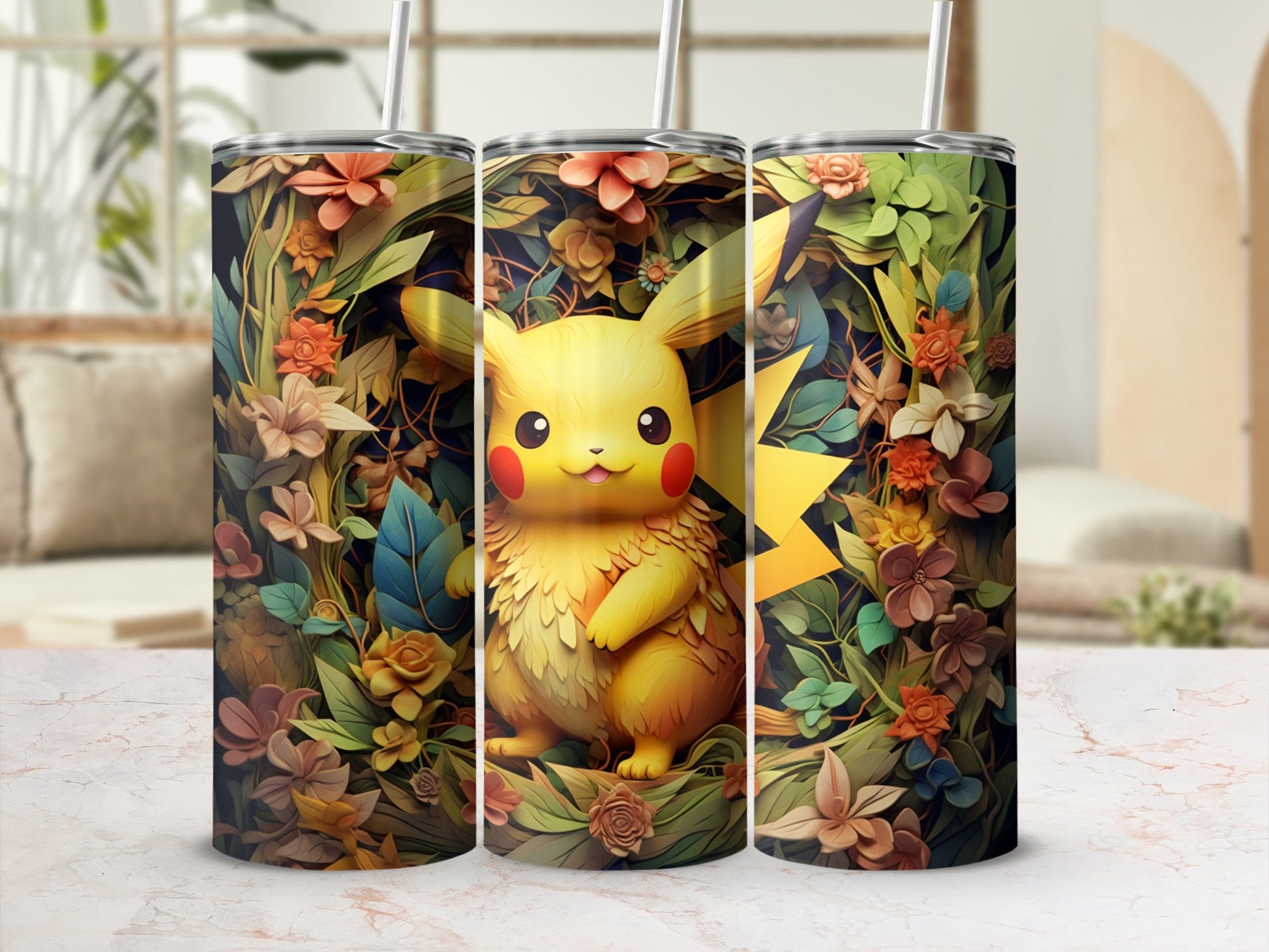 Adorable Pikachu Floral Patterned Tumbler for Kids