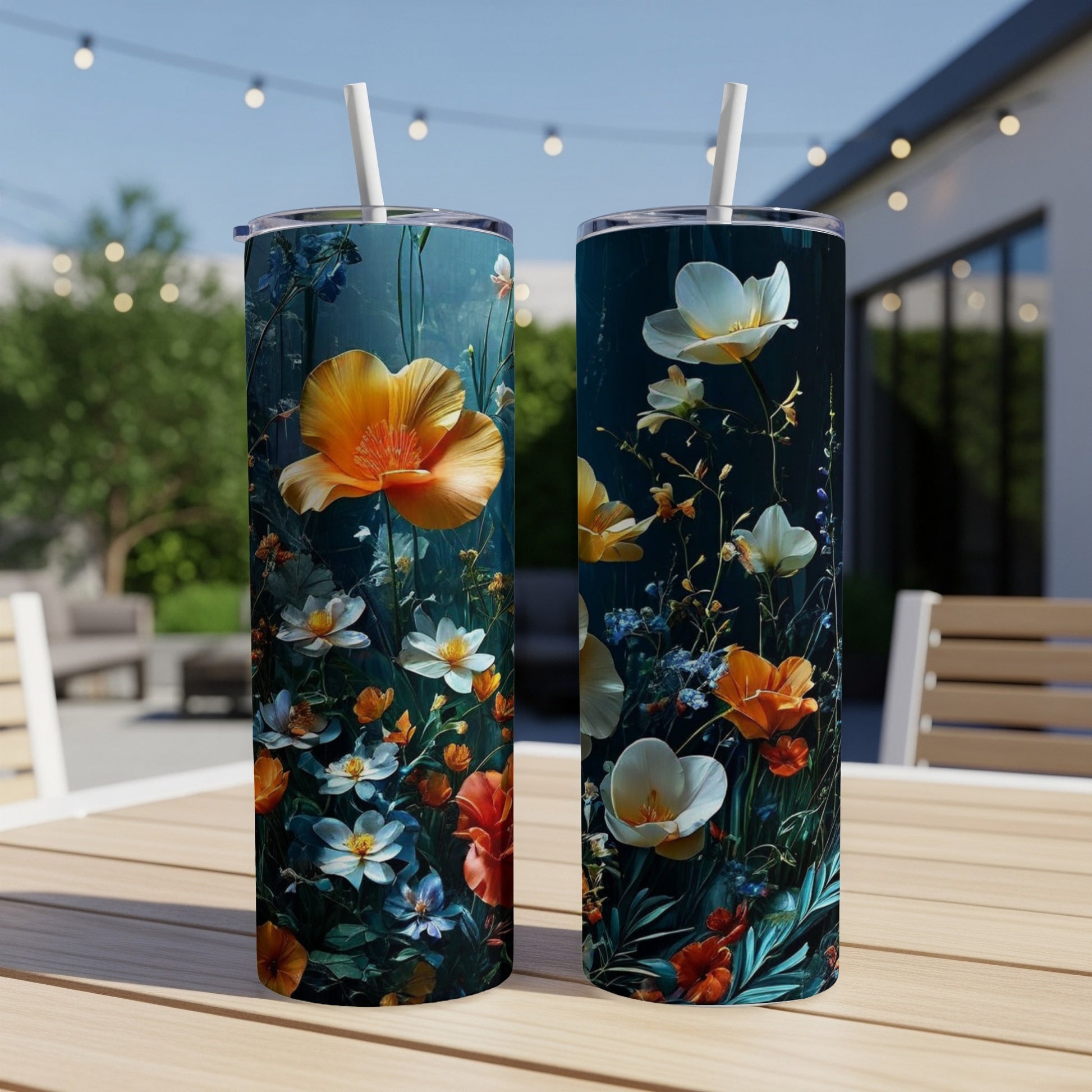 Two tumblers with vibrant floral designs on a patio table.