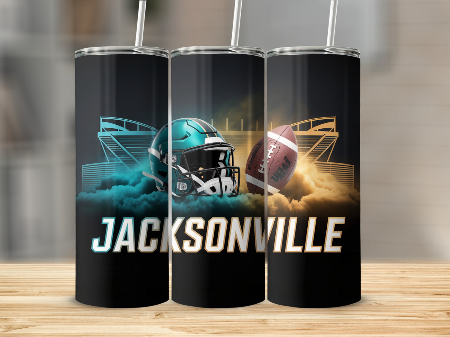 Jacksonville Jaguars helmet and football with stadium background.