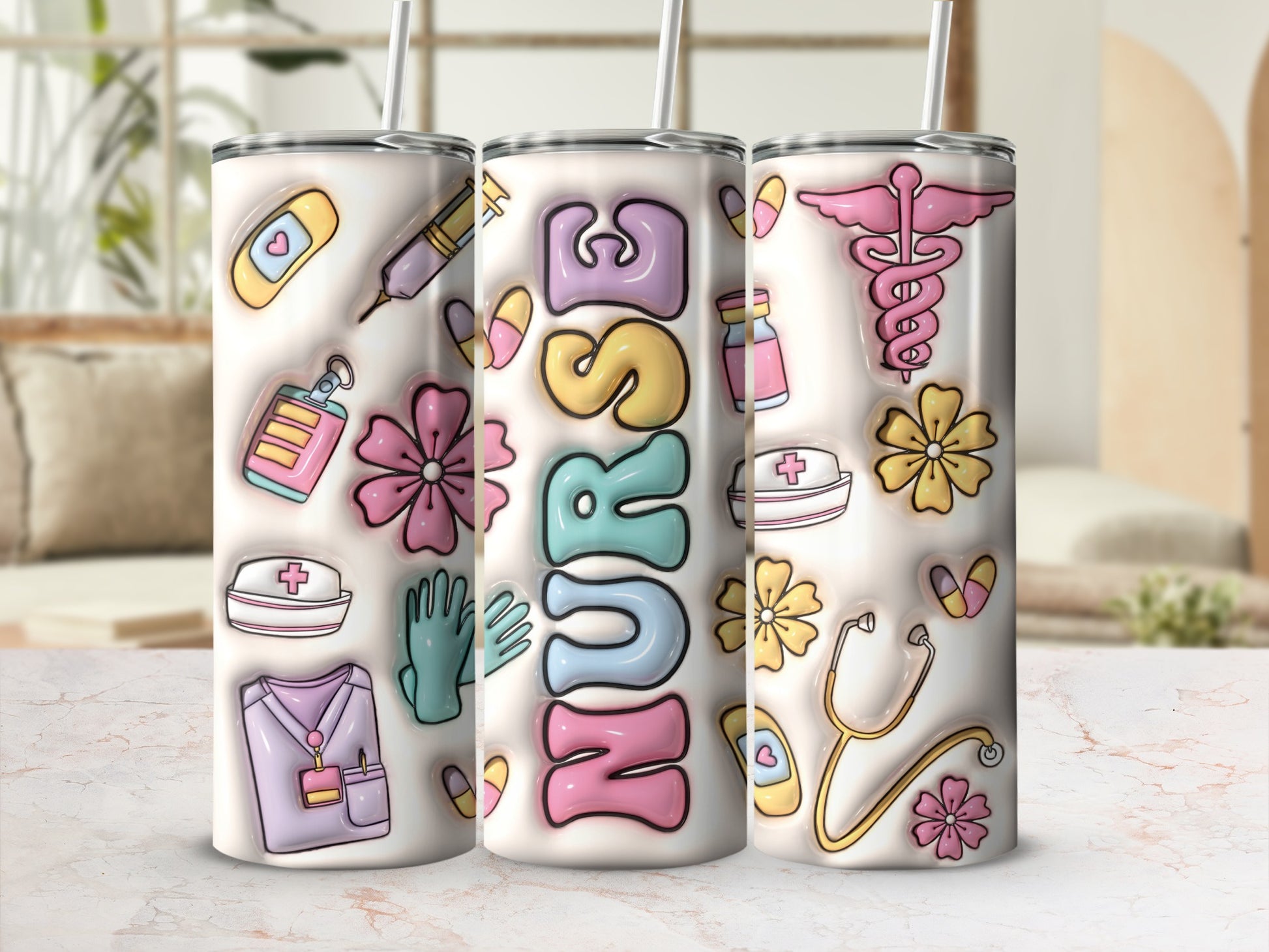 Tumbler with pastel medical icons and "NURSE" in colorful block letters.