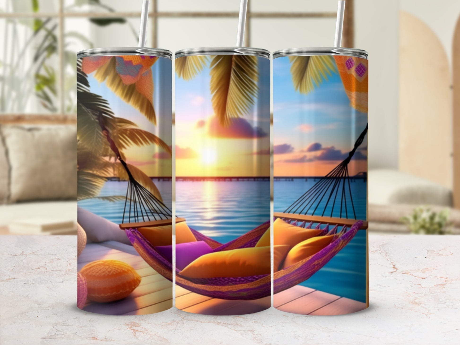 Beach hammock with colorful pillows and sunset over the ocean.