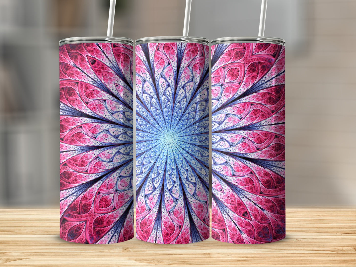 Fractal Floral Pink Blue Petal Design Detailed Tumblers