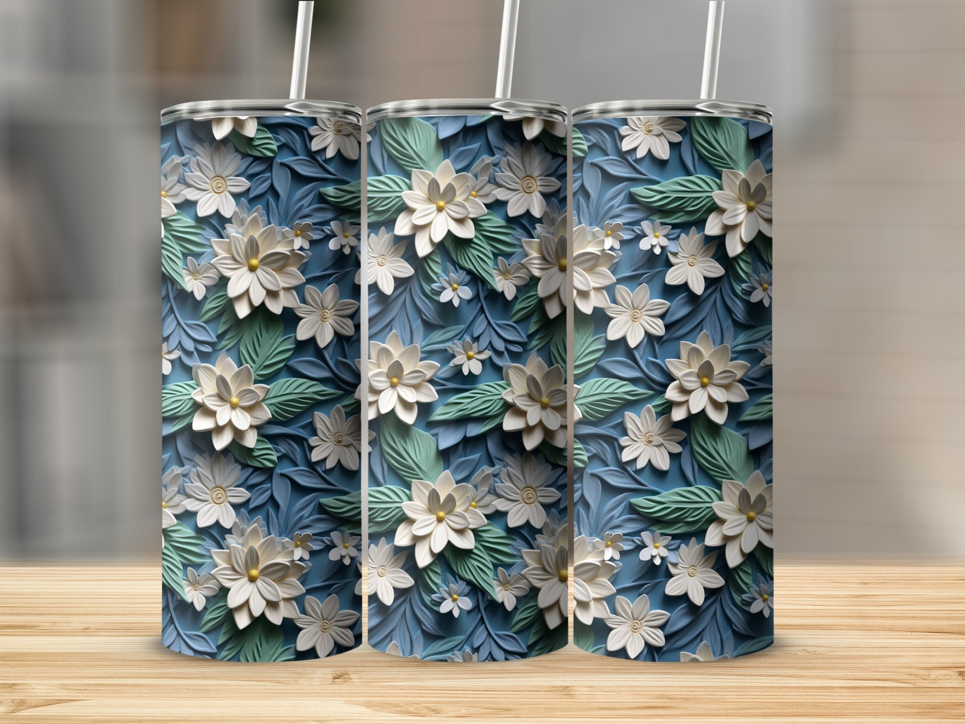 Floral Blue White Green Custom Designed Tumbler Product