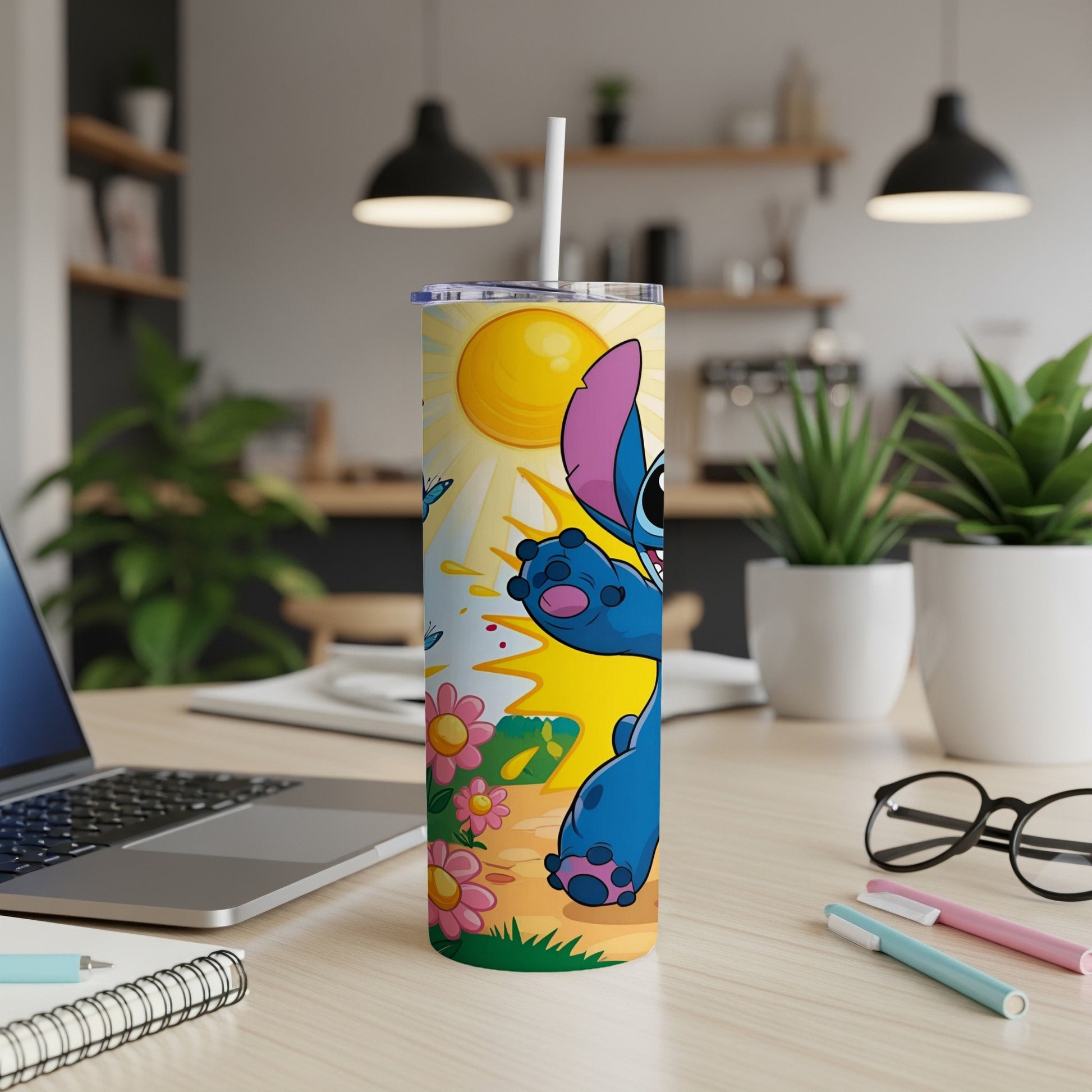 Stitch character on a yellow tumbler with a straw, standing in a sunny, floral scene.