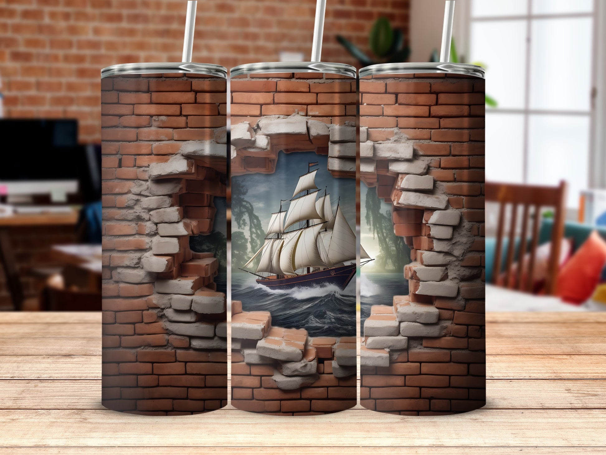 Captivating 3D Brick Wall Ship Art on Tumbler