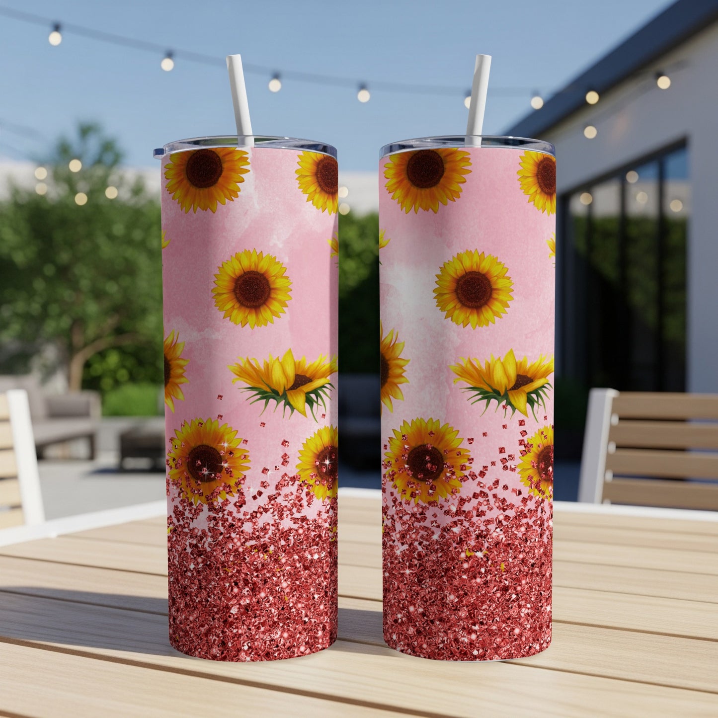 Two tall tumblers with sunflowers and glitter on a pink background.