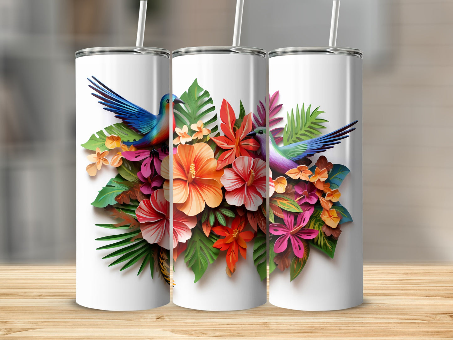 Vibrant Floral Hummingbird Design Tumbler Cup