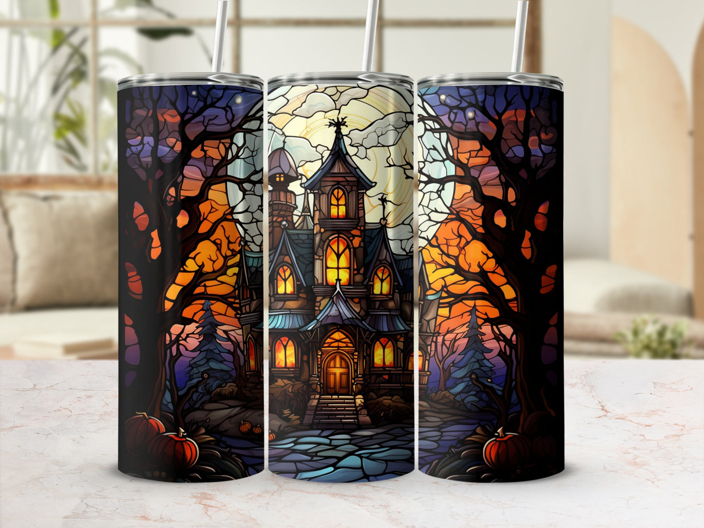 Haunted house with stained-glass windows and spooky trees on a tumbler.
