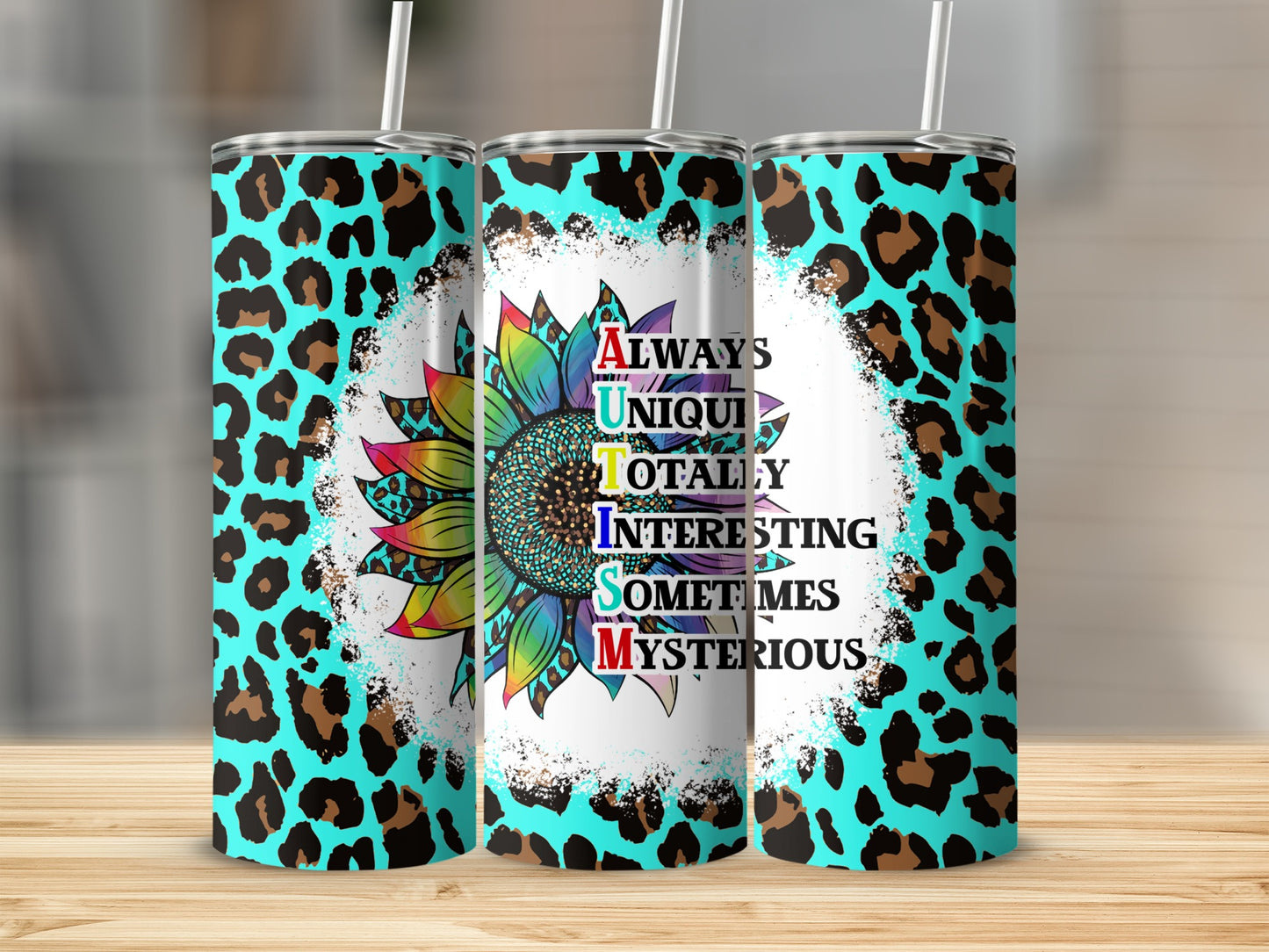 Tumbler with autism puzzle flower and leopard print design.