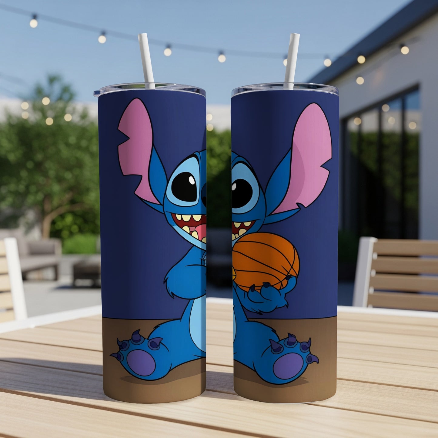Blue cartoon character Stitch holding an orange basketball on a blue background.