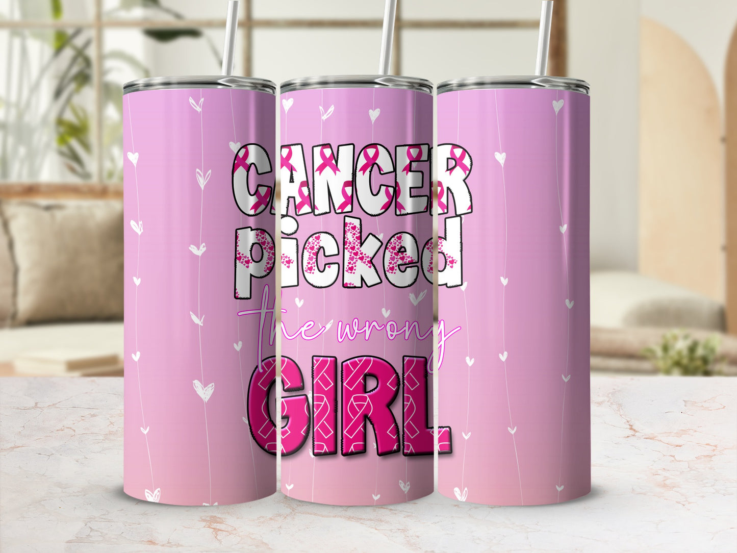 Pink tumbler with cancer ribbon and text "The Wrong Girl".