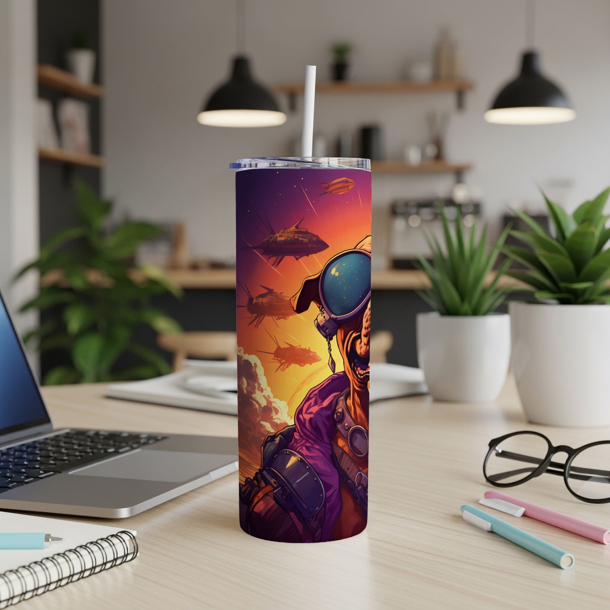 Tumbler with artwork of a dog wearing goggles and steampunk attire with flying ships.