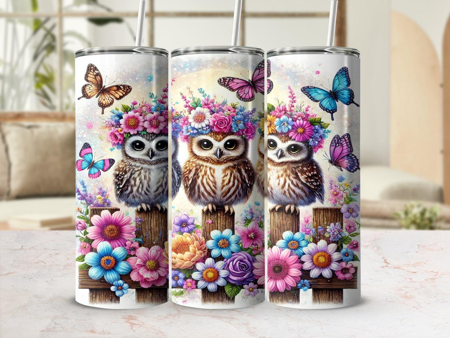 Floral Owl and Butterfly Art Stainless Steel Tumbler