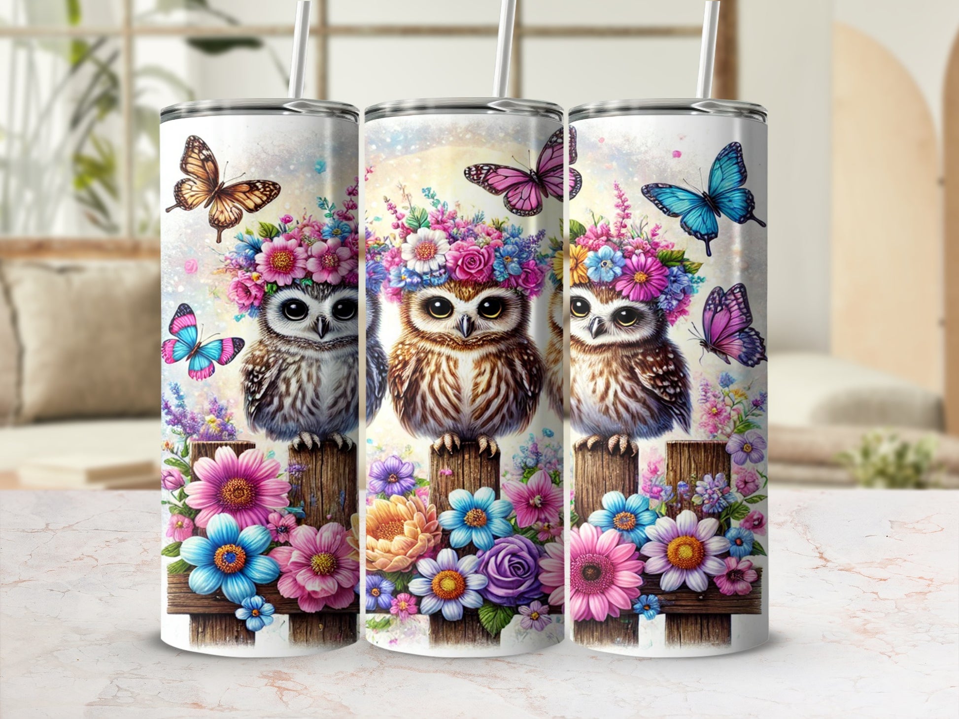 Floral Owl and Butterfly Art Stainless Steel Tumbler
