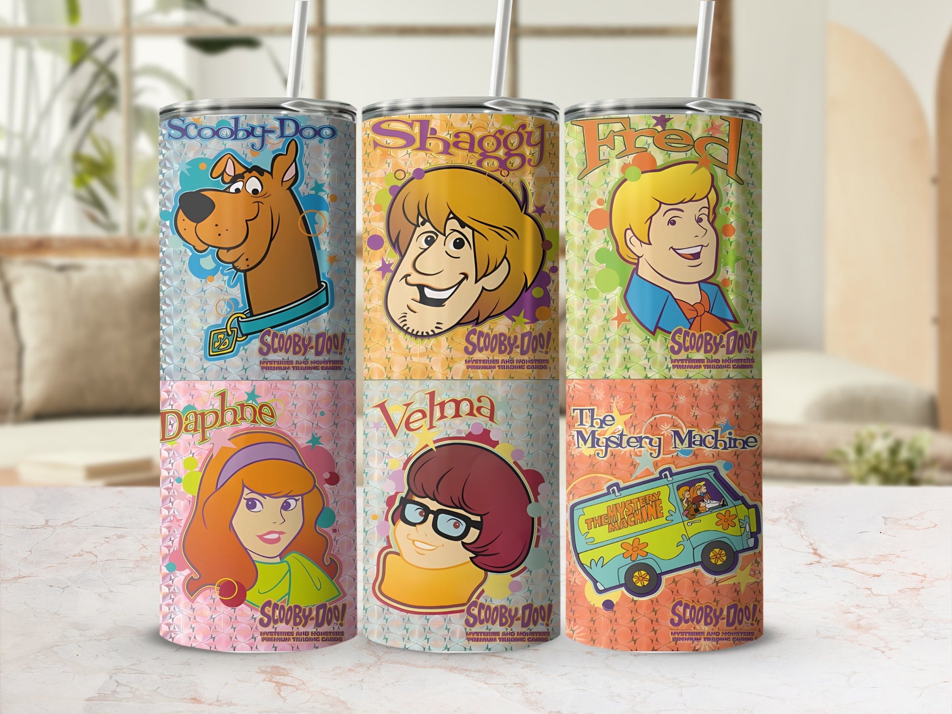 Scooby-Doo characters: Scooby, Shaggy, Fred, Daphne, Velma, and Mystery Machine.