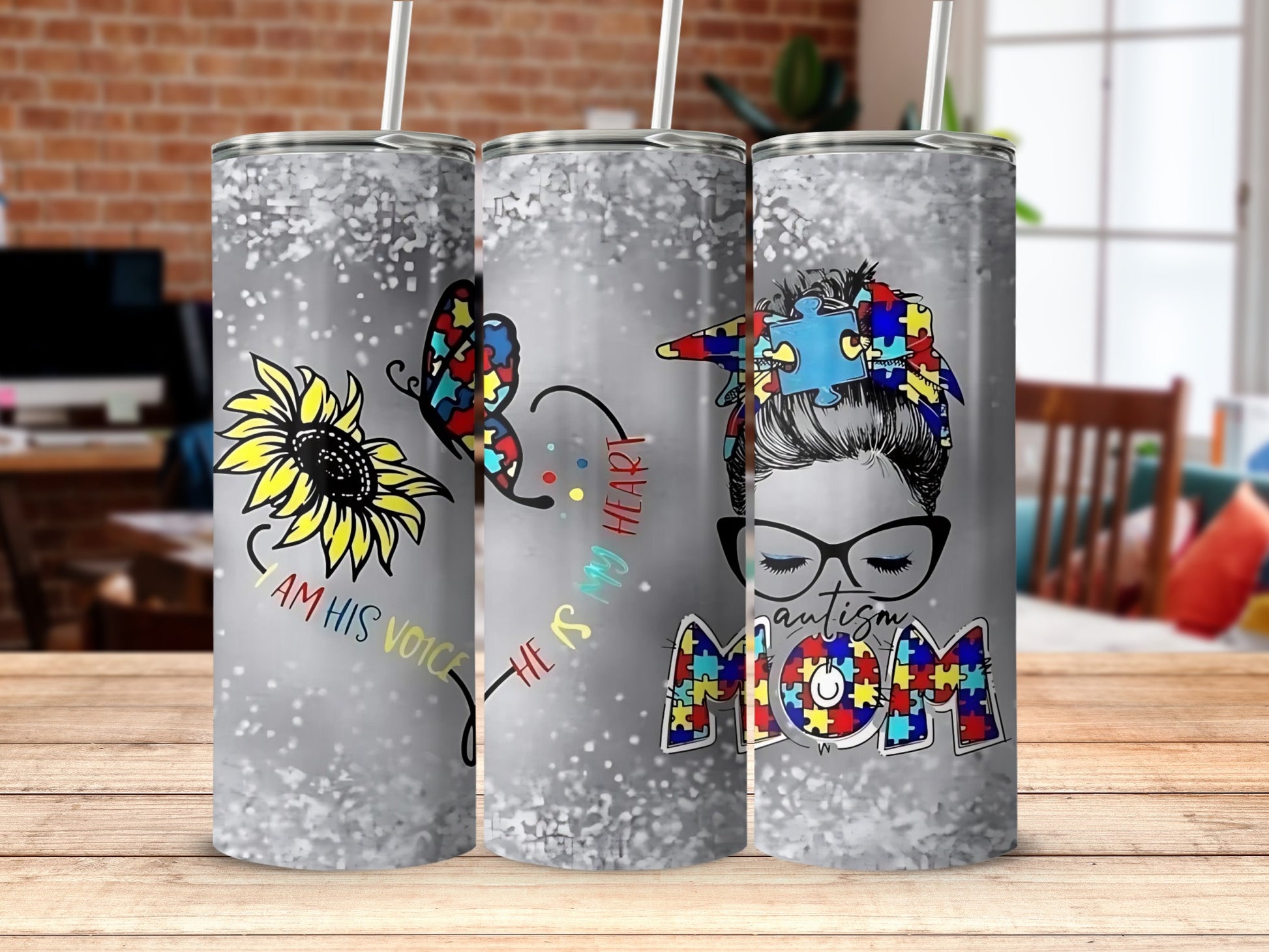 Autism Mom Tumbler with Colorful Puzzle Design