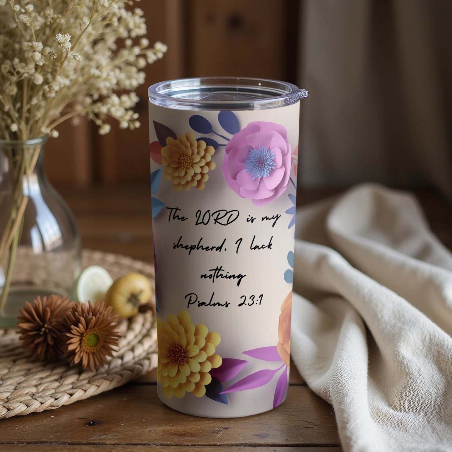 Bible Verse Flowers and Text Insulated Tumbler Cup