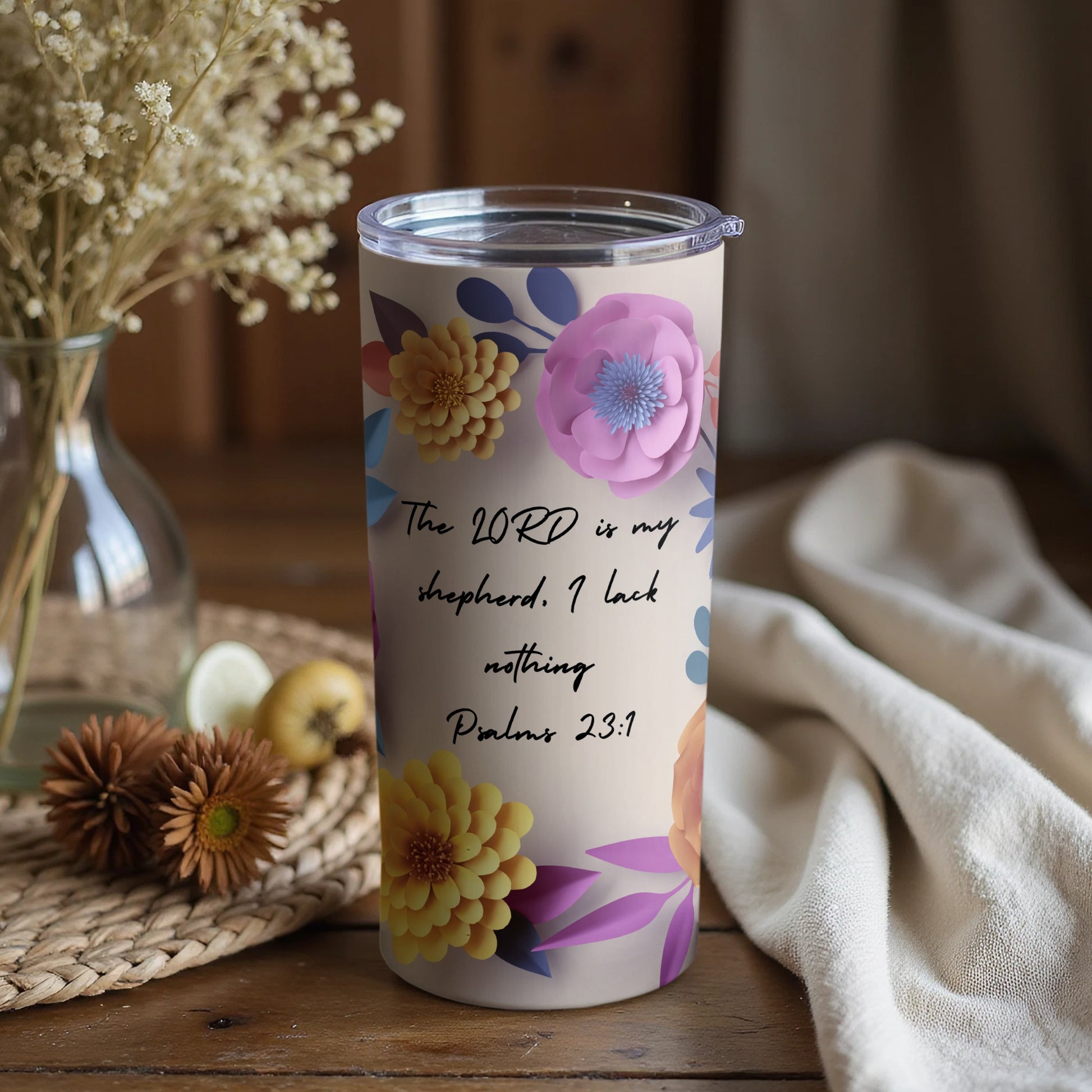 Bible Verse Flowers and Text Insulated Tumbler Cup