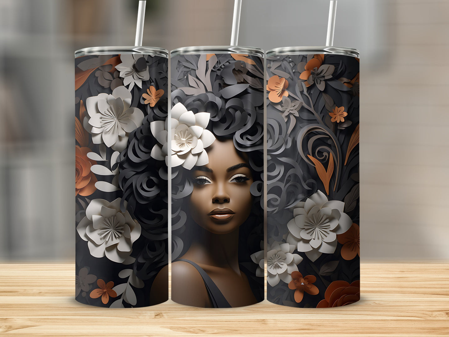 Woman with floral hair on a patterned tumbler with straws.