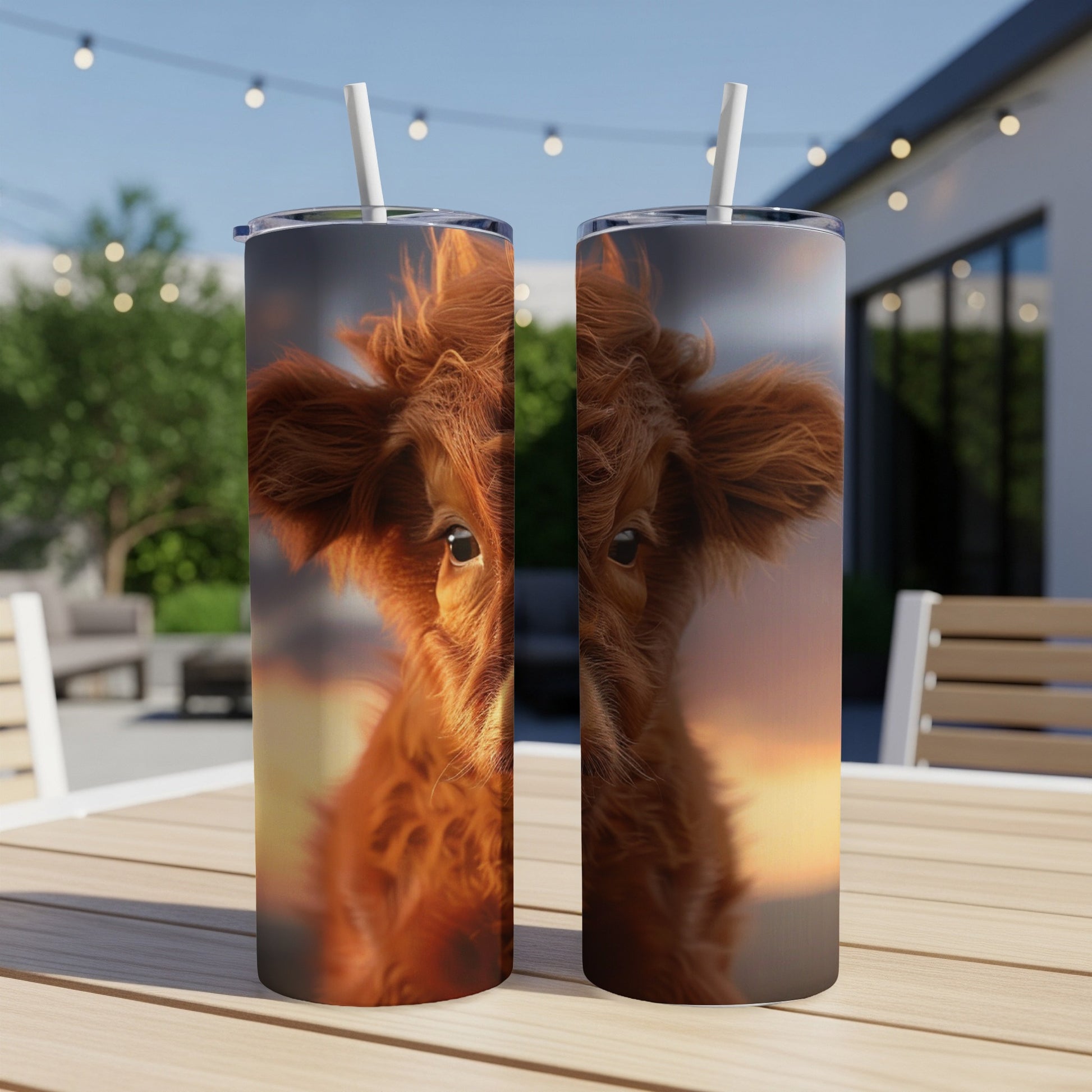 Two tumblers featuring a close-up of a fluffy brown Highland cow's face.