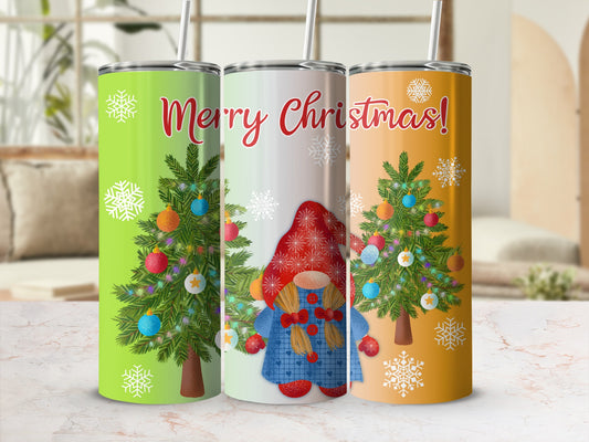 Three Christmas-themed tumblers with festive gnomes and trees.