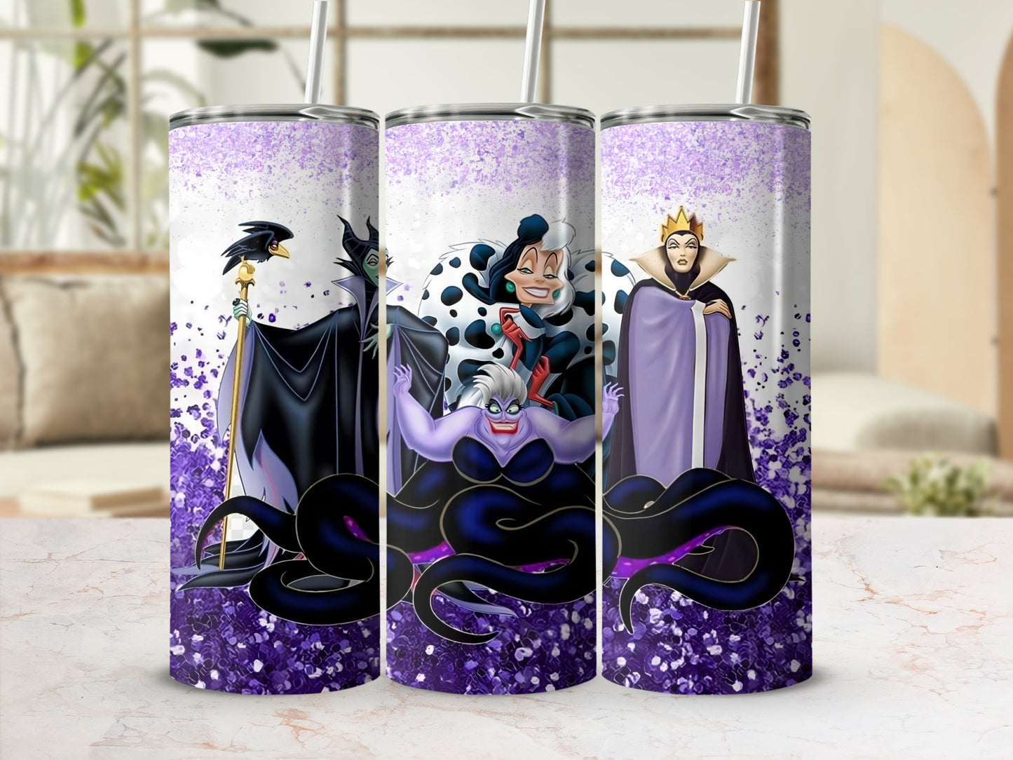 Villains Themed Glitter Tumbler with Straw Drinkware