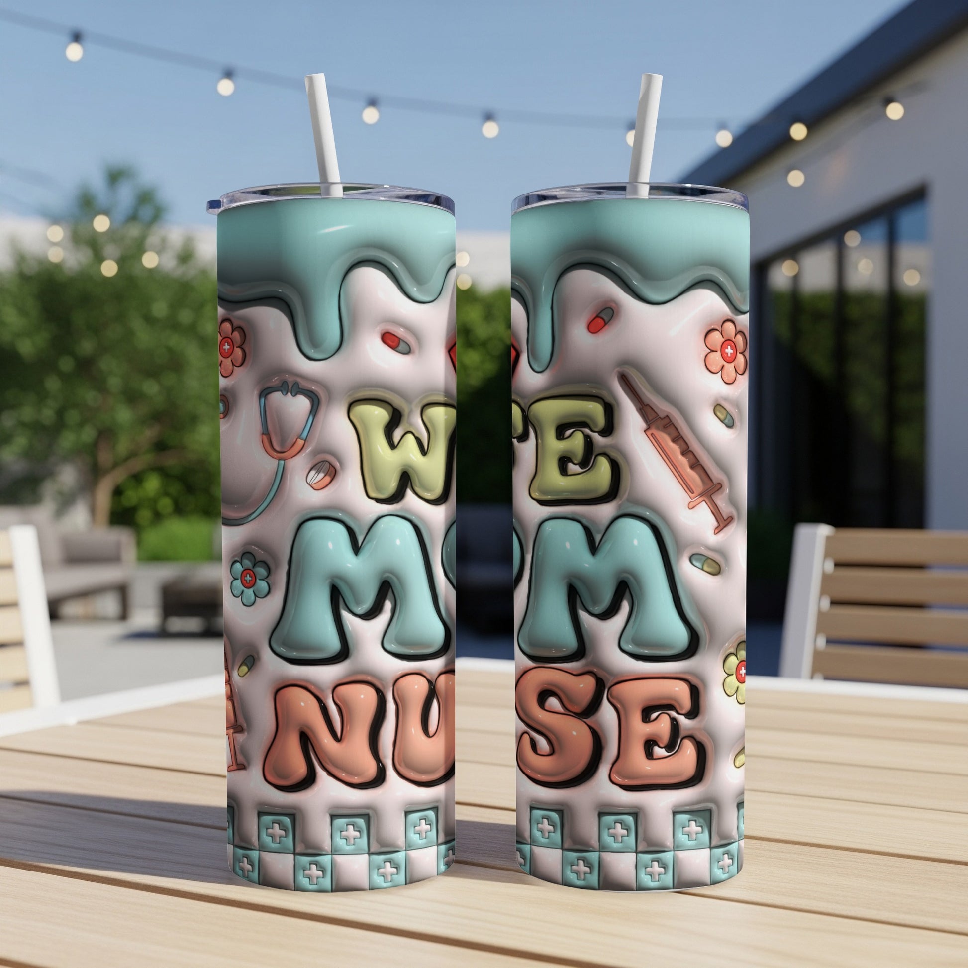 Two tumblers with "Wife Mom Nurse" text and medical icons.