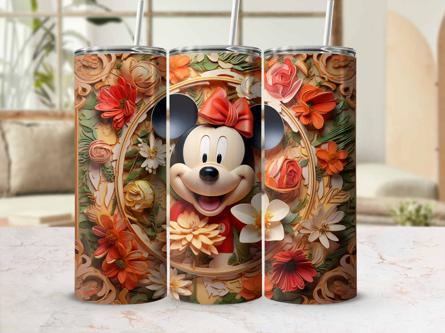 Colorful Floral Minnie Mouse Design Tumbler Cup Drinkware