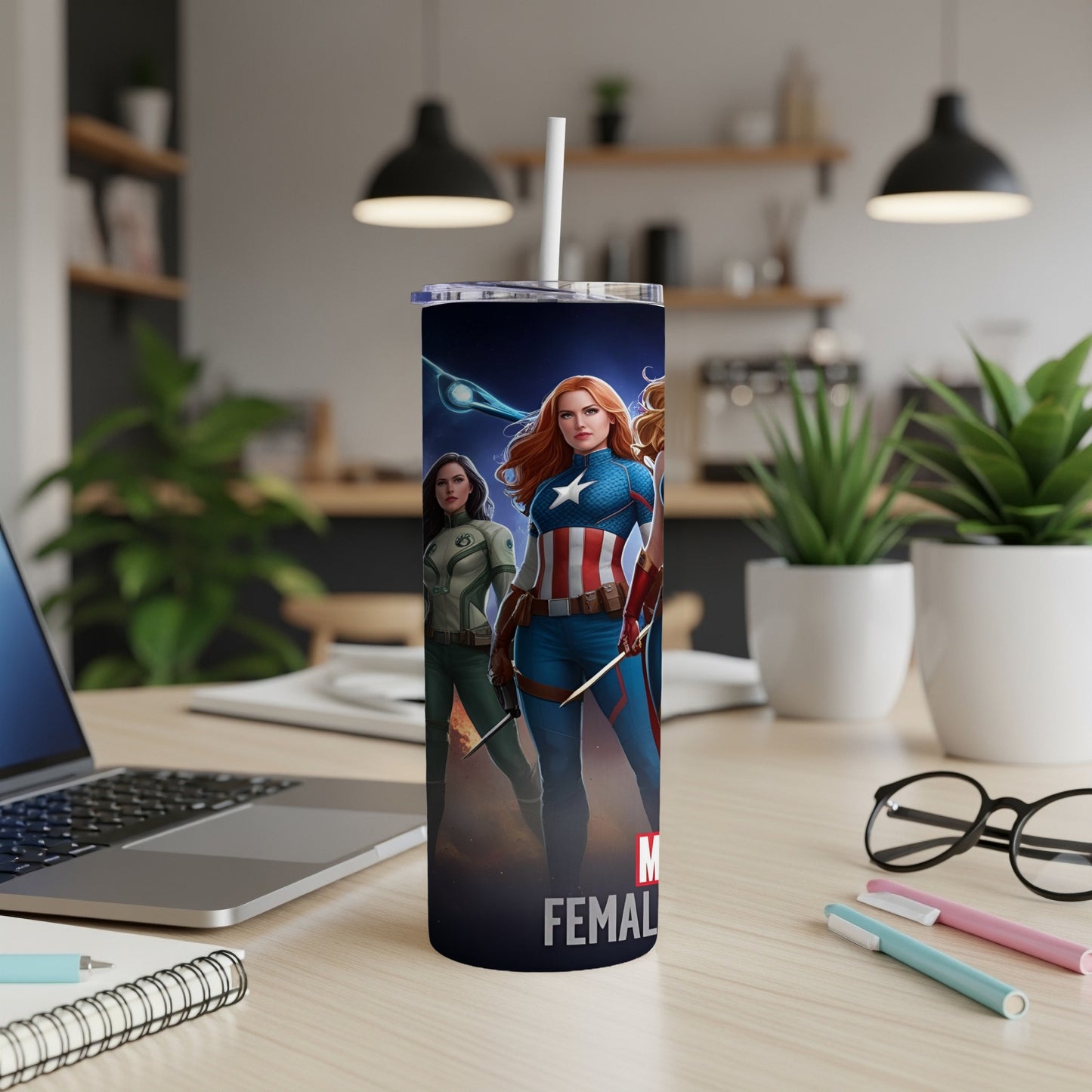 Captains America, Scarlet Witch, and a third unnamed woman on a tumbler.
