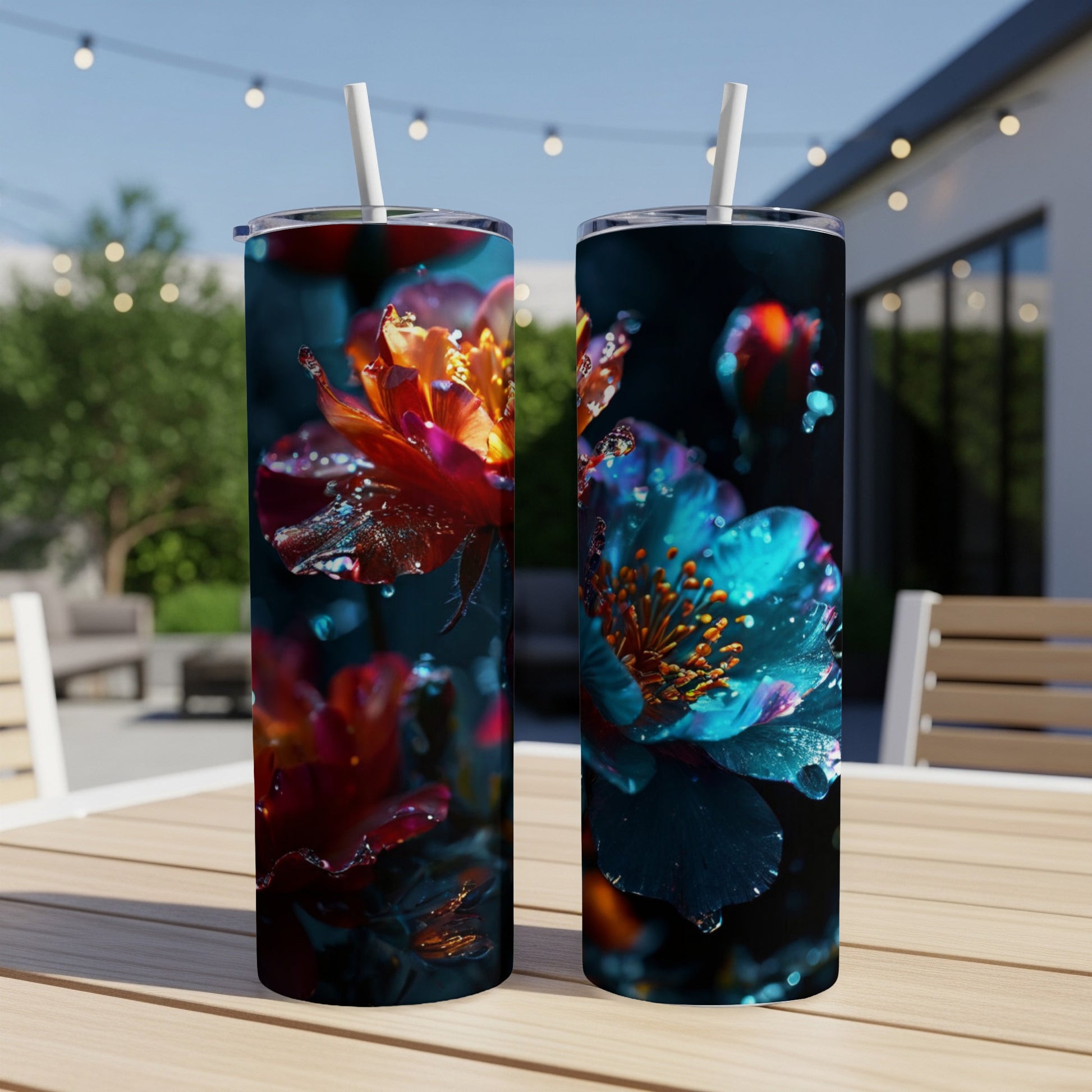 Two tall tumblers with a close-up floral design.