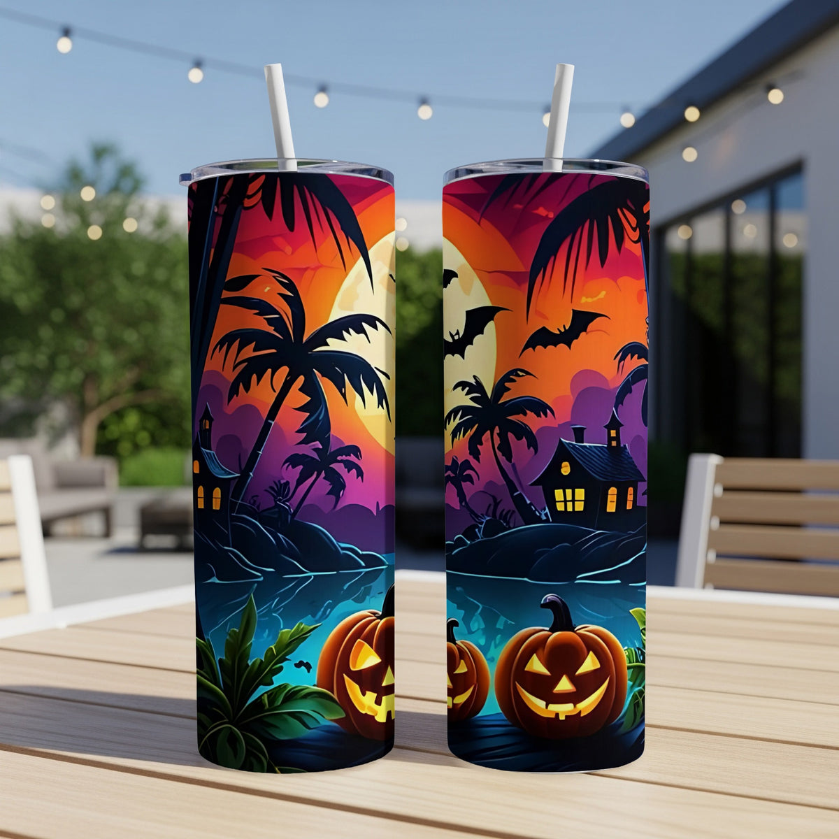 Two tumblers with a Halloween tropical scene and glowing jack-o'-lanterns.