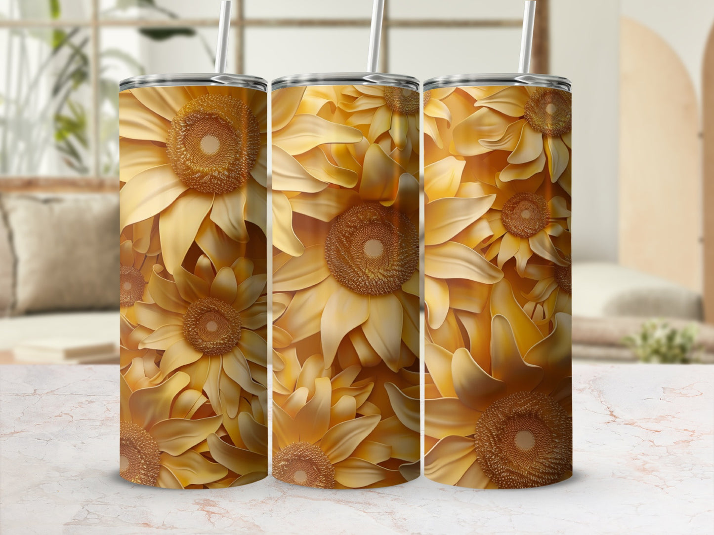 Three tumblers with a yellow sunflower floral pattern.