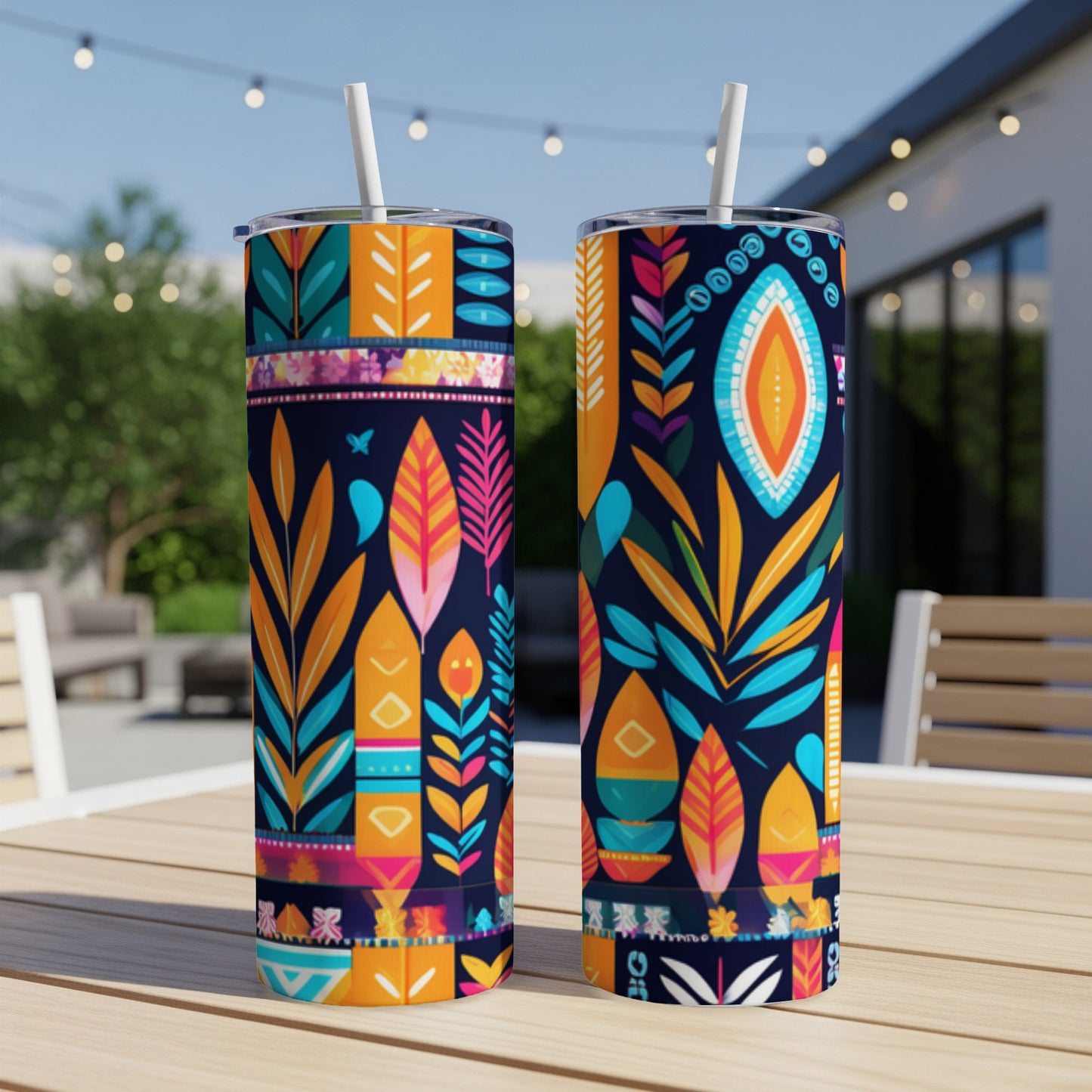 Two tall tumblers with a colorful abstract floral pattern, set on a table.