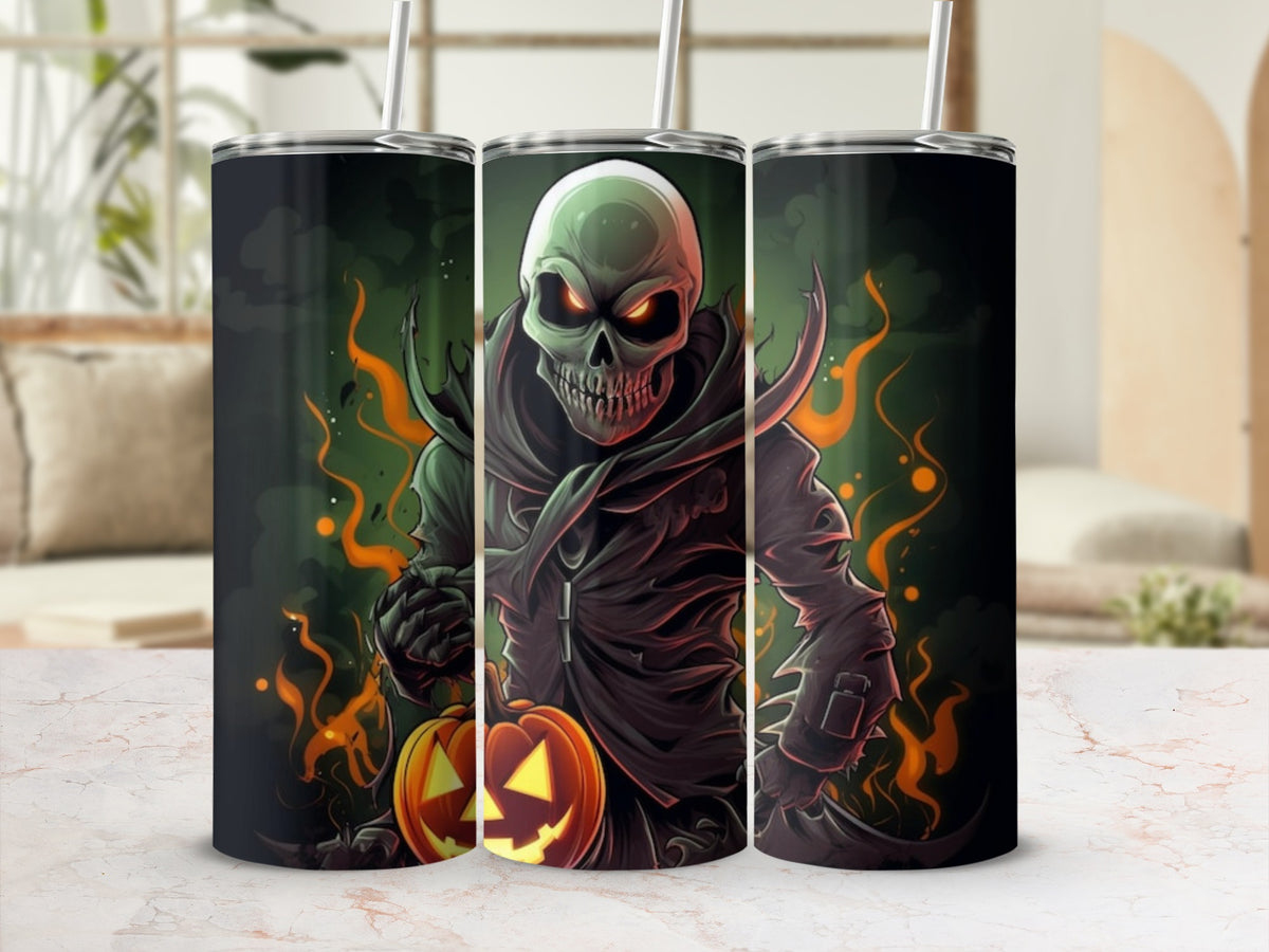 Three tumblers with a spooky skeleton and pumpkin Halloween design.