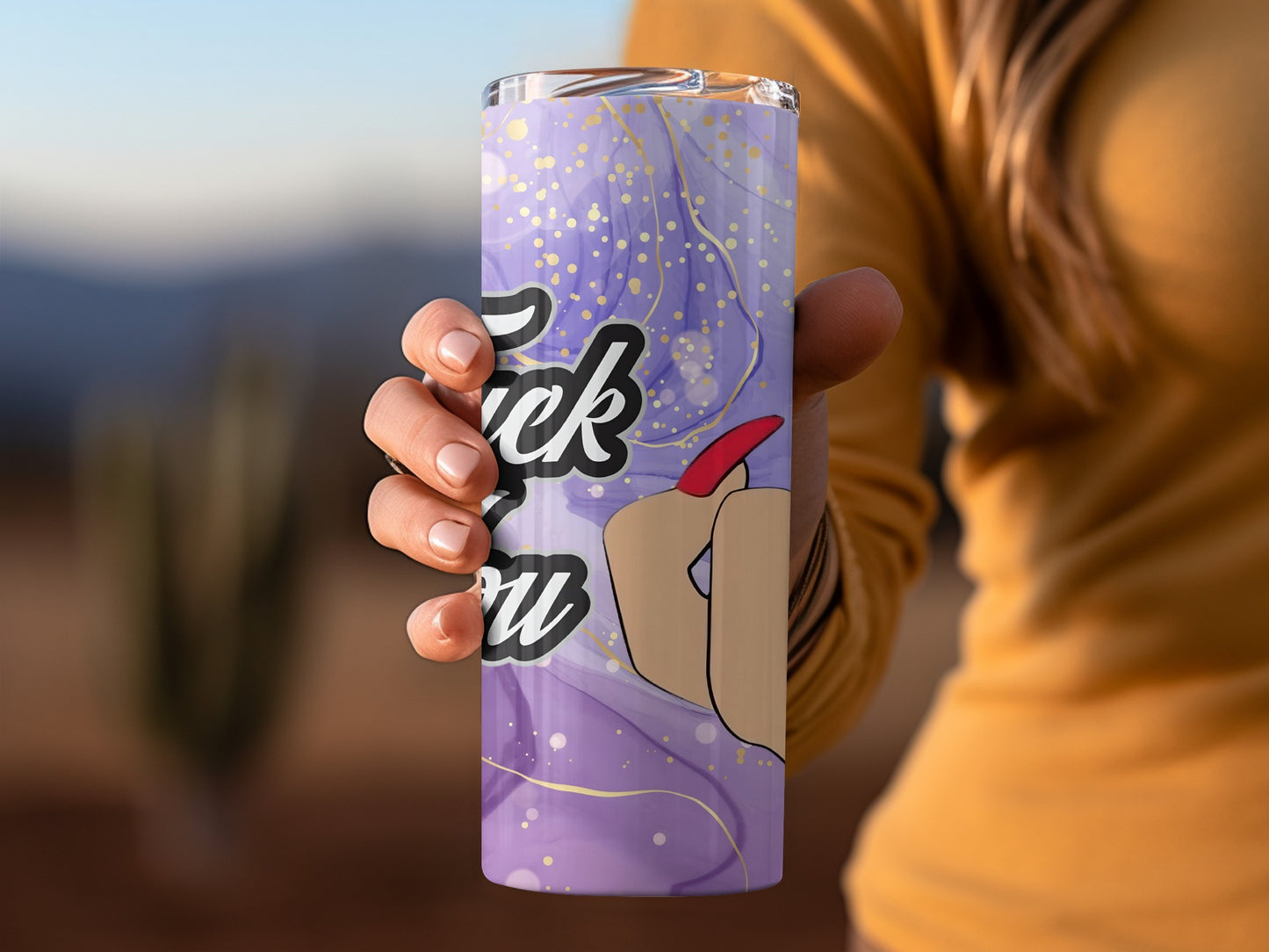 Funny Middle Finger Purple Travel Tumbler with Swirls