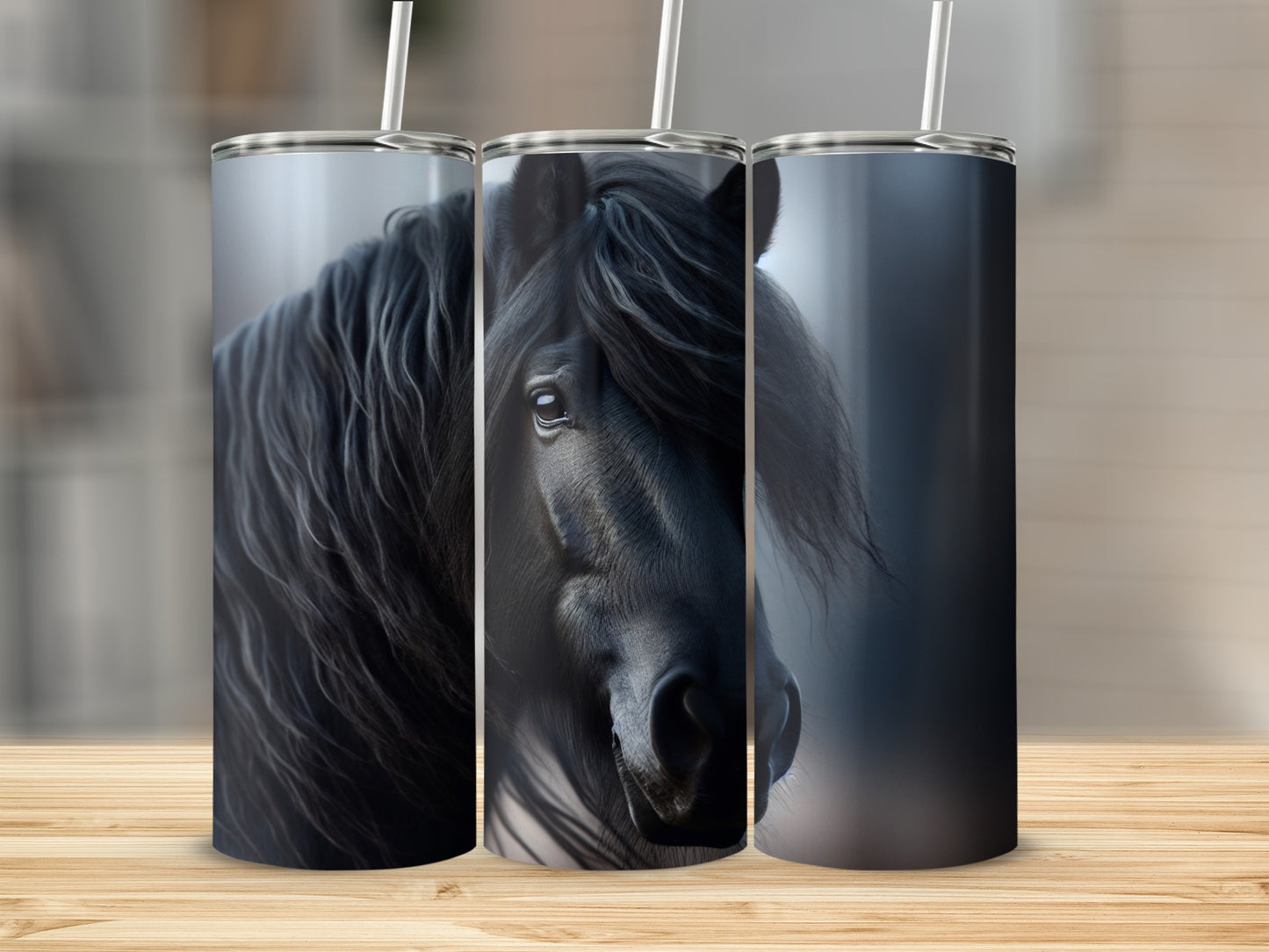 Black horse head on a tumbler with a straw.