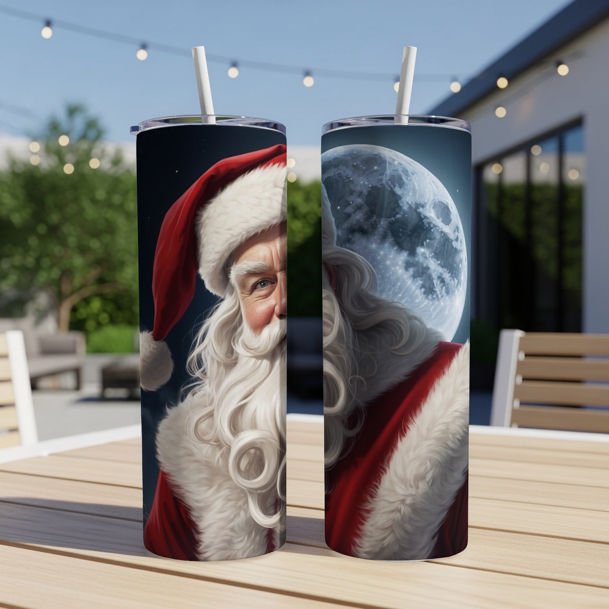 Santa Claus on two tumblers under a full moon.