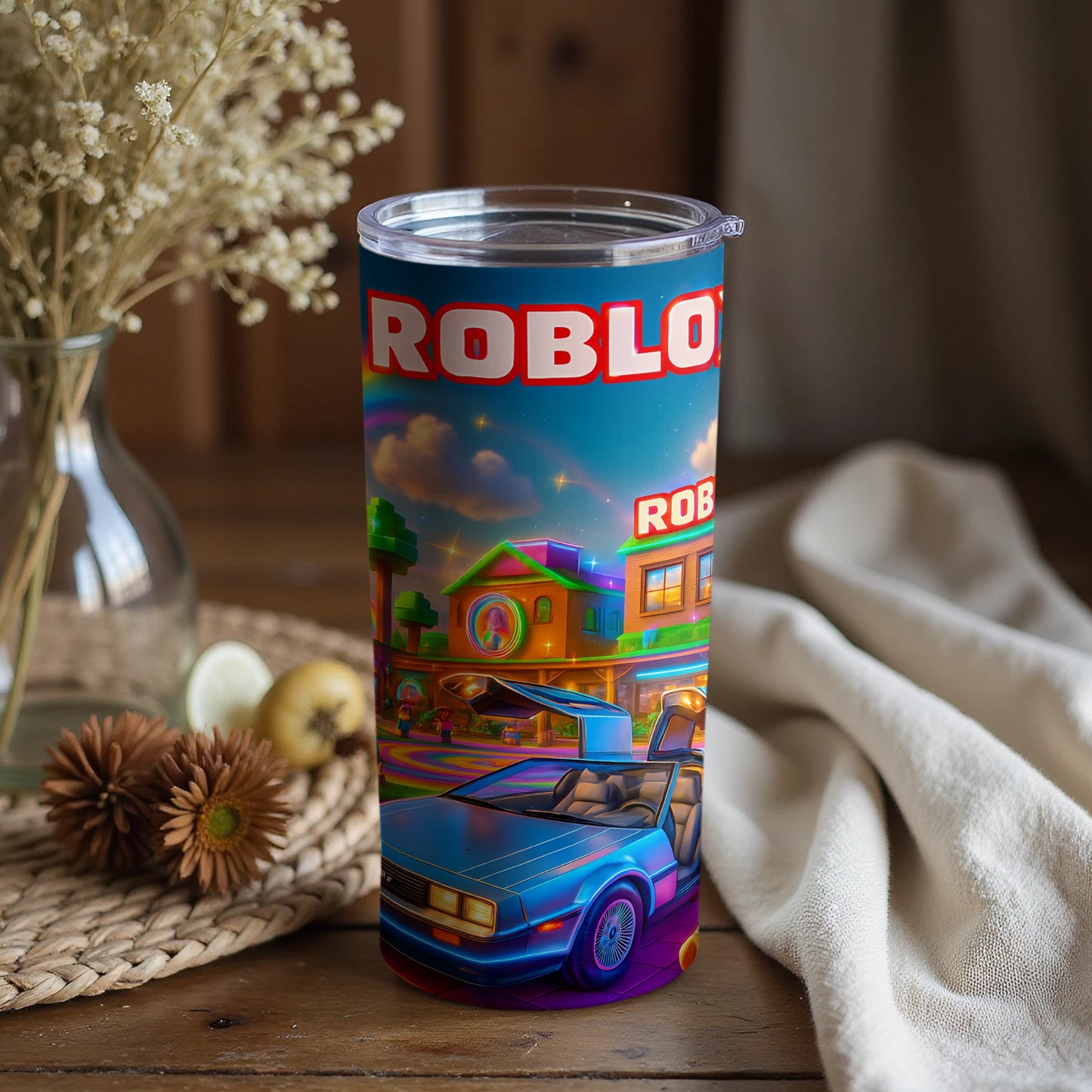 Retro Car and Building Scene Roblox Themed Tumbler